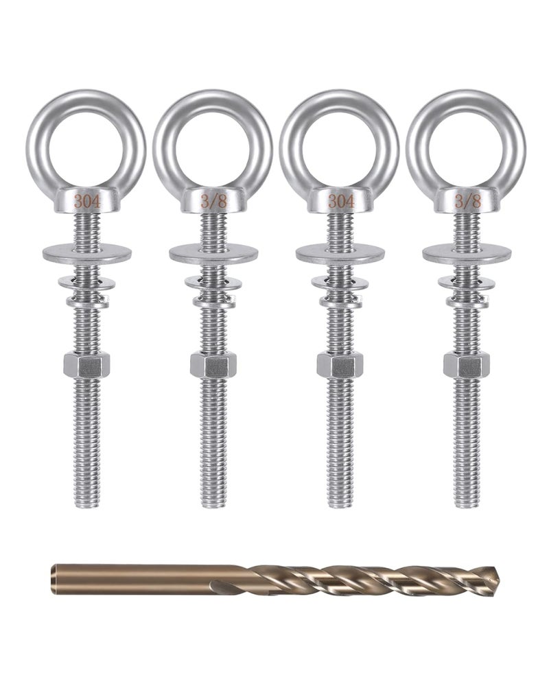 moroinriz Eye Bolt with Nuts 3/8'' x 4'' (4 Pack), Imperial, Heavy Duty Stainless Steel 3/8-16 Long Eye Bolts, Bonus Drill Bit Included - Image 1